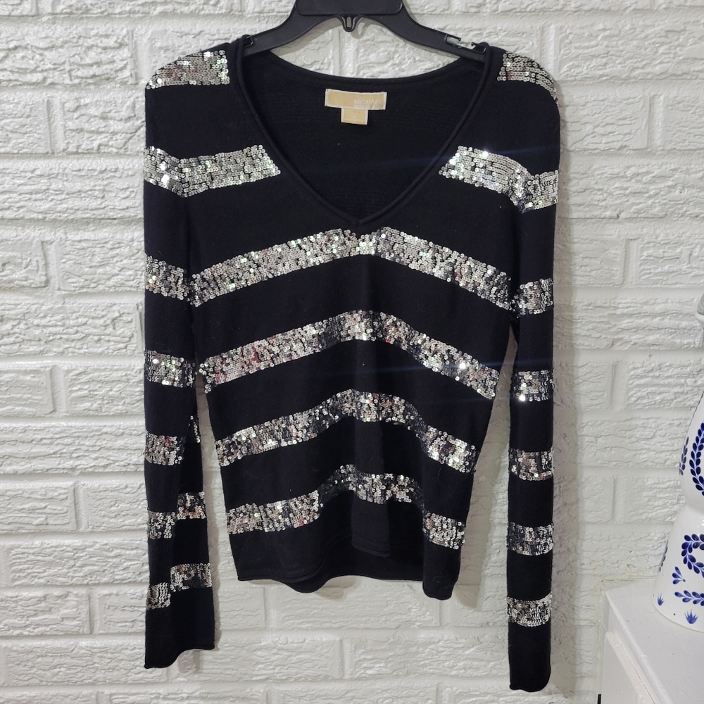 MICHAEL Michael Kors Black Sequin Long Sleeve Sweater Top